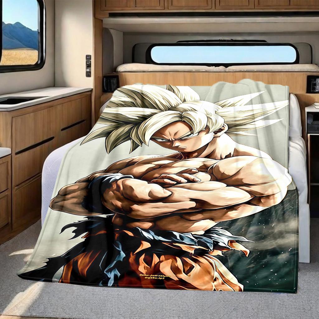1 szt. Koc flanelowy z nadrukiem Son Goku, Wysokiej jakości, Na wszystkie pory roku, Wystrój domu, Ciepło i komfort, Idealny na prezenty świąteczne