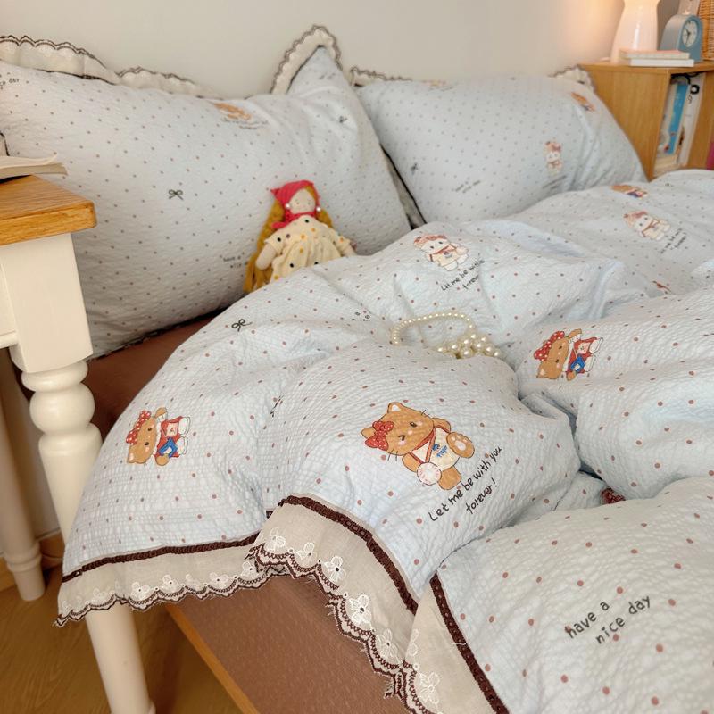 Korean French Style Hollow Lace Puff Cotton Bedding Set, Girly Duvet Cover - Available As 4-Piece or 3-Piece Set