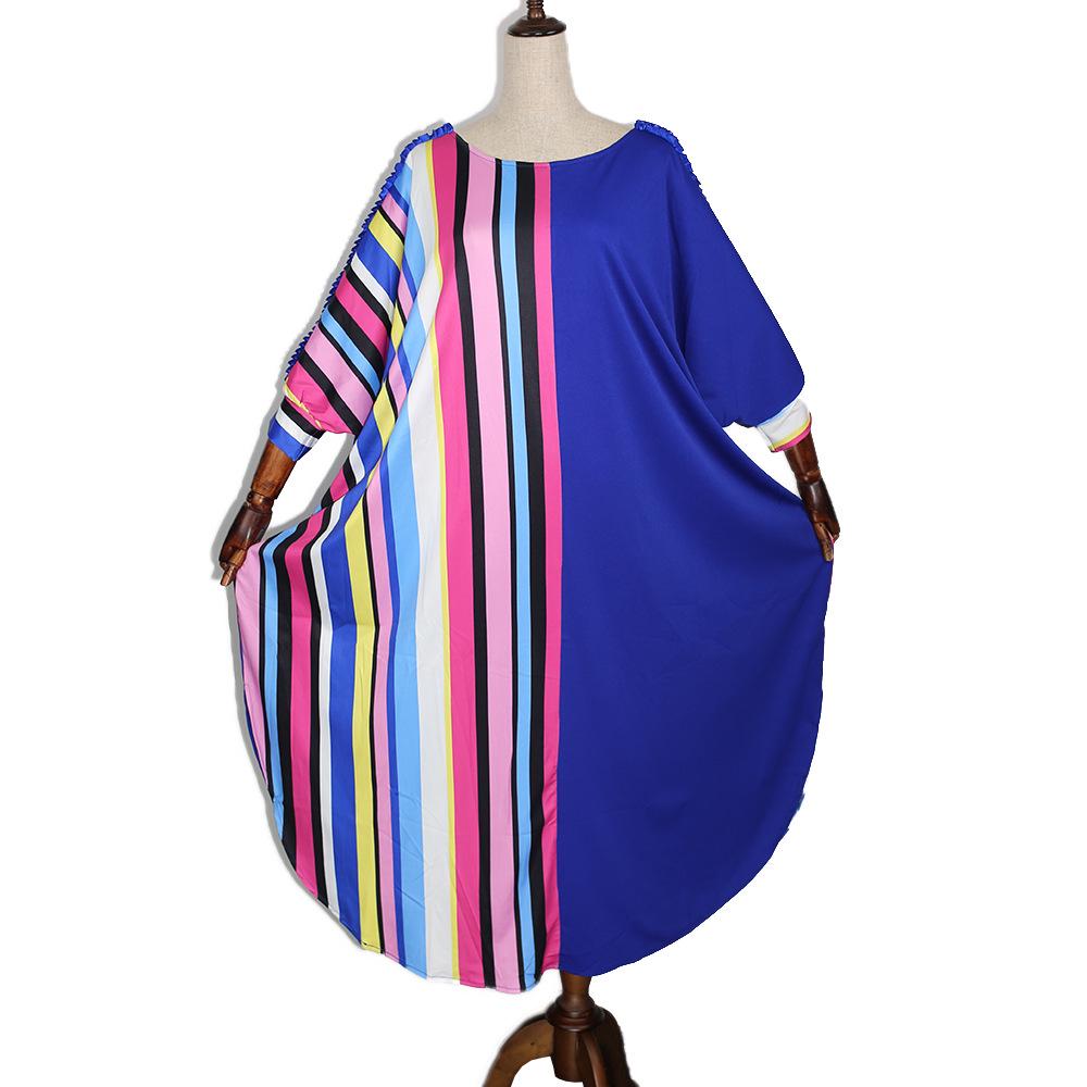 2022 African Plus Size Women's Vertical Stripe Print Sleeve Muslim Dress