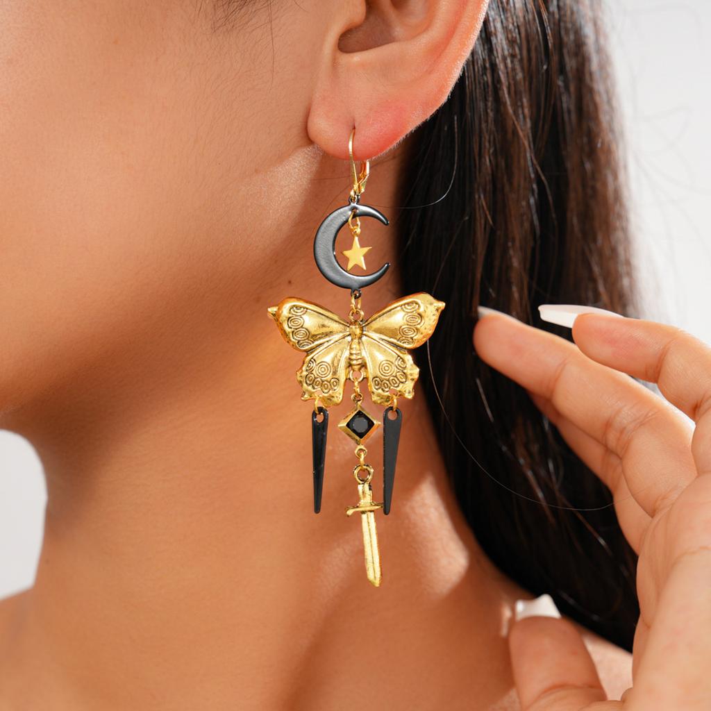 Metal Moon Star Butterfly Cross Tassel Ear Buckle Personality Niche Earrings
