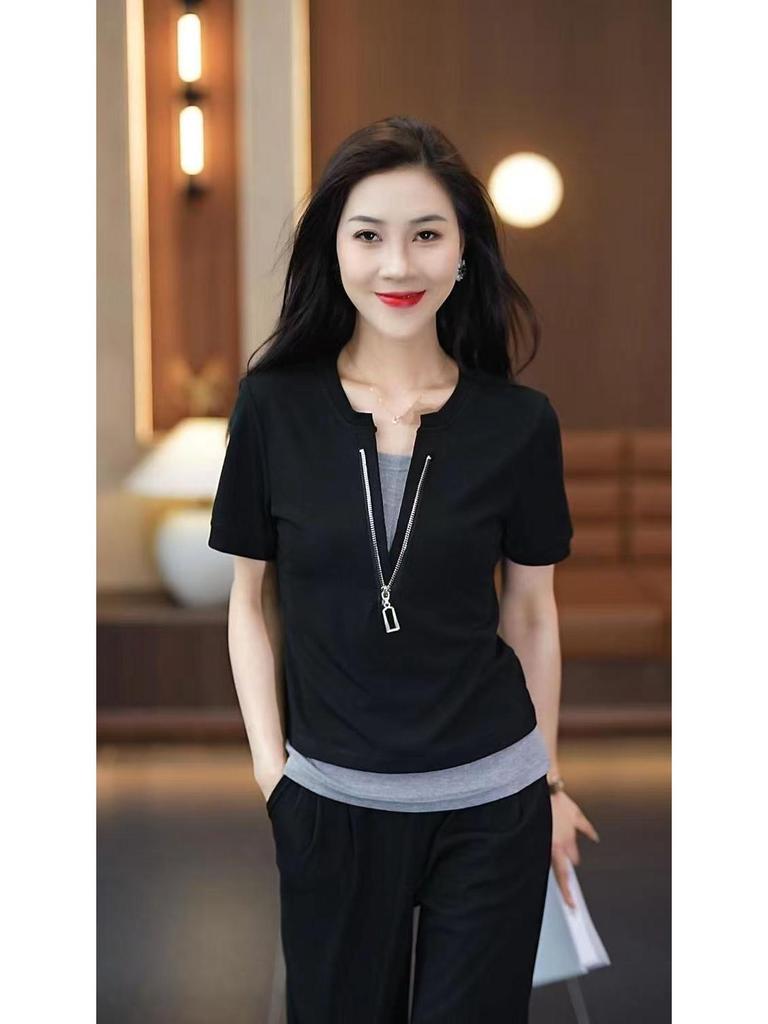 Women's Summer 2025 Fashion: Casual Short Sleeve Two-Piece Set with Wide Leg Pants