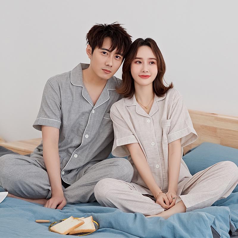 Summer Pure Cotton Minimalist Double Gauze Pajama Set: Short Sleeve Top & Long Pants, Seamless Design for Couples
