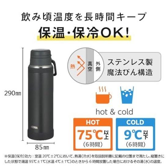 Thermos Water Bottle Vacuum Insulated Carry Mug 1L Charcoal Handle Insulation Cold Dishwasher Safe Convenient Loop Smooth Drinking Fluid Tech JOY-1000