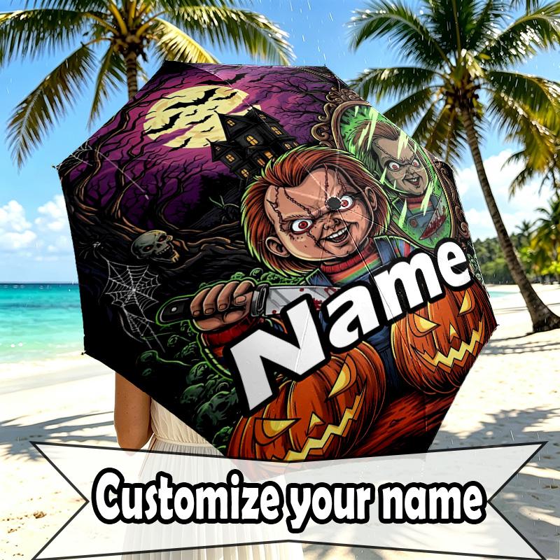 Custom Name Personalized Bride of Chucky Print Umbrella, Auto Open Close, 8‑Rib Sturdy Frame, Commute Camping Hiking Use, Birthday Gift