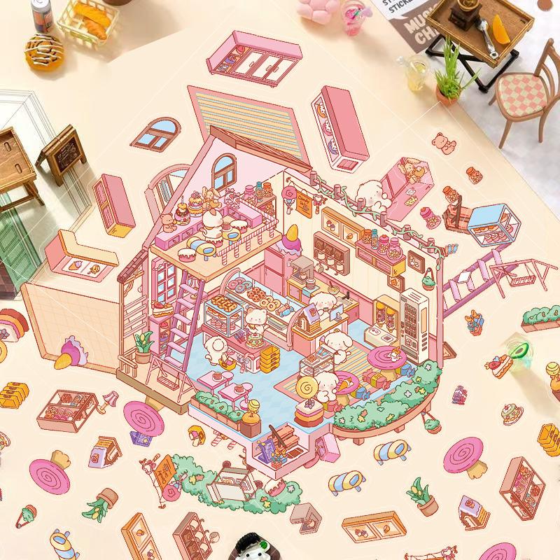 Kreslené krajinné samolepky Vícenásobný miniaturní svět 3D chata Rozbalit DIY scéna Ruční příspěvek