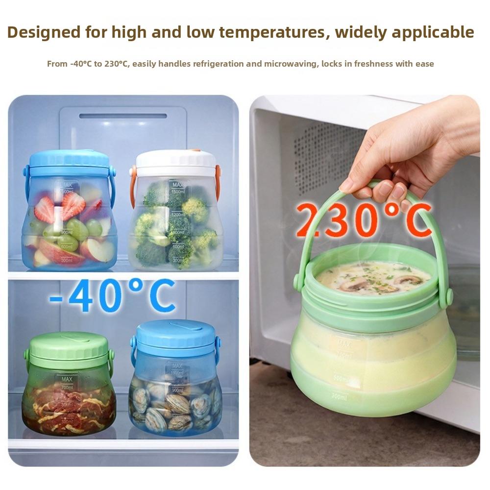 800/1200/1500ml Fresh Keeping Bucket Heat Resistant with Handle Foldable Sealed Bucket with Scale Leak-Proof Kimchi Jar