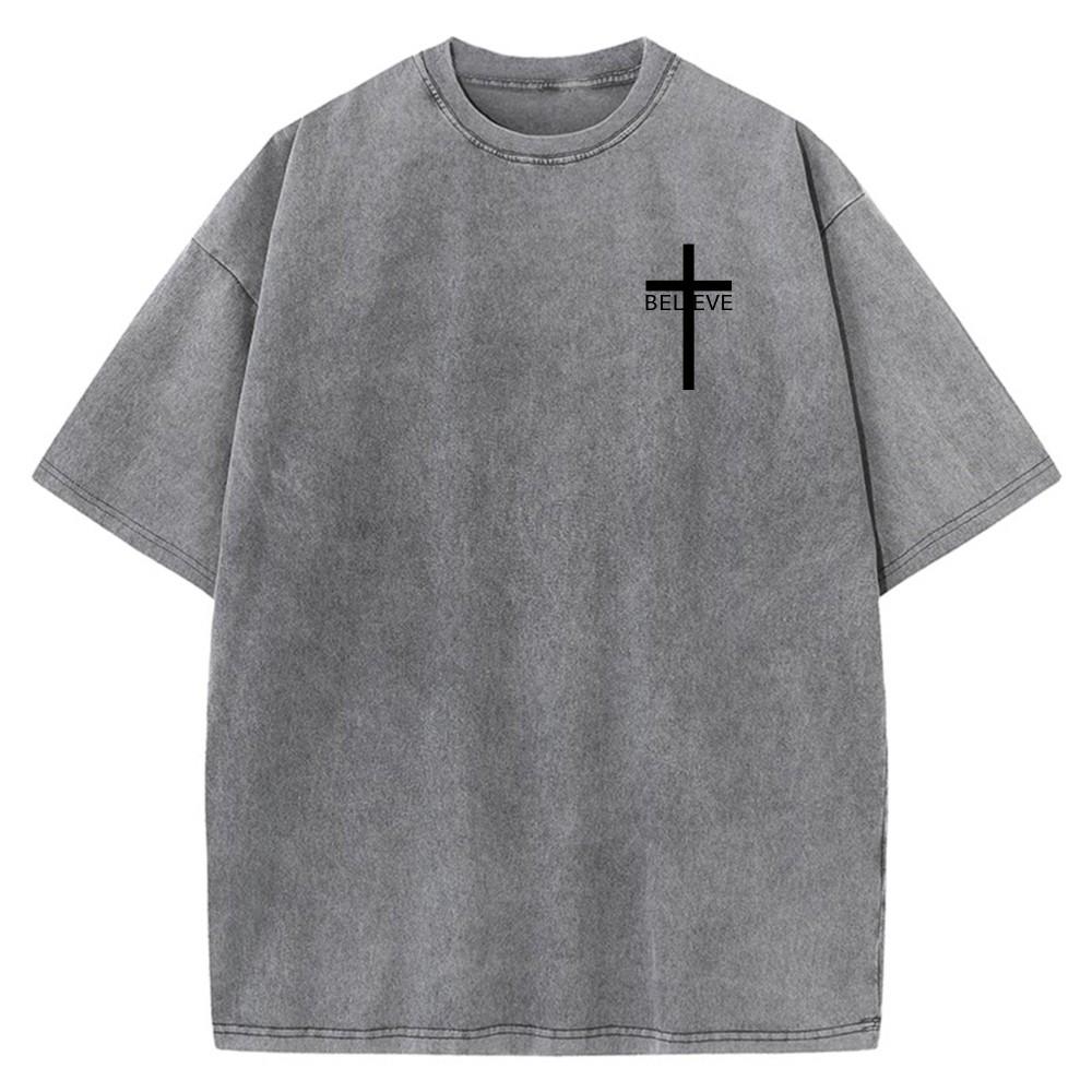 Mens Vintage Oversized Washed TShirt Cotton Cross BELIEVE Faith Casual Tee