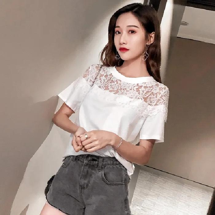 Women Summer Lace Patchwork Short Sleeve T-Shirt Korean Loose Plus Size Crew Neck Casual Student Daily Top