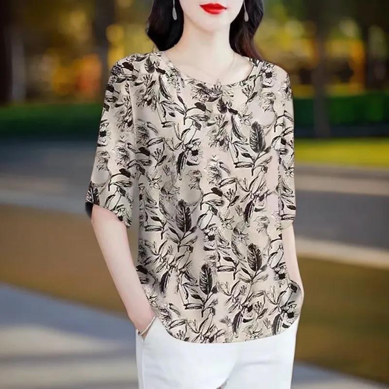 Round Neck Printed Half-sleeved T-shirt for Women Summer Loose Style Top