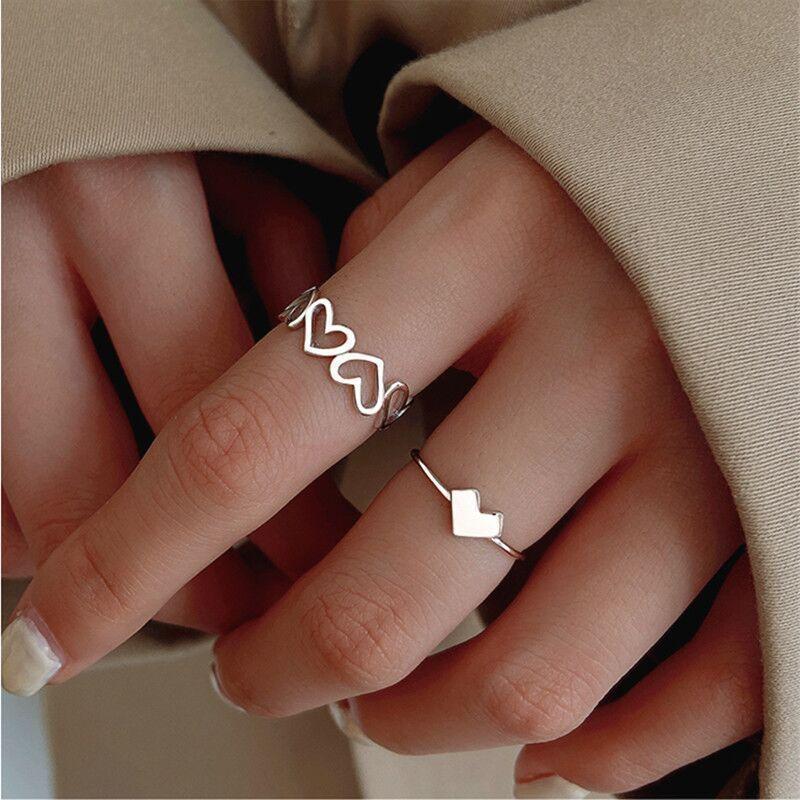 

Minimalist Heart Shaped 2Pcs Ring Set Korean Hollow Anel for Women Copper Color Adjustable Open Finger Tail Anillo Zircon