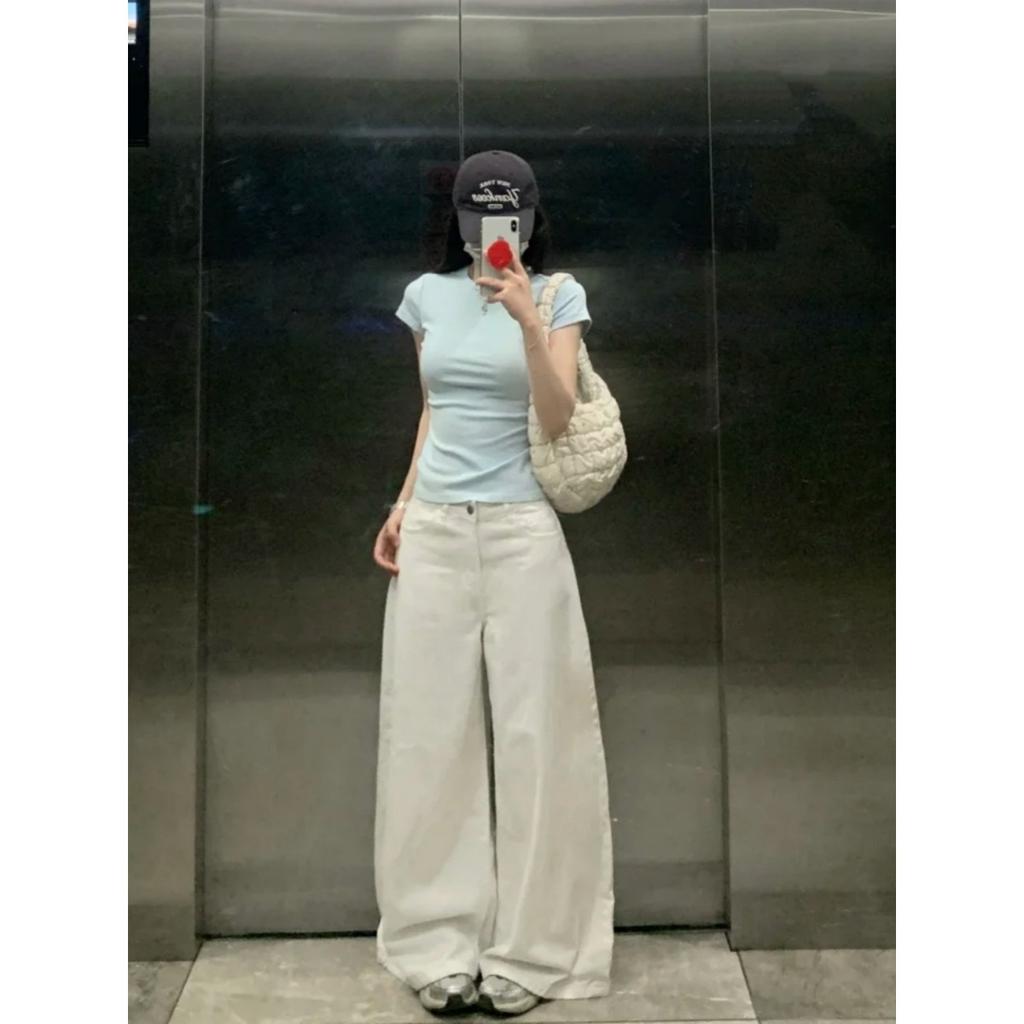 Ins Commuter Light Blue Waist T-Shirt Women's Summer Front Shoulder Skinny Top Versatile Crew Neck Bottom Shirt Short Sleeve