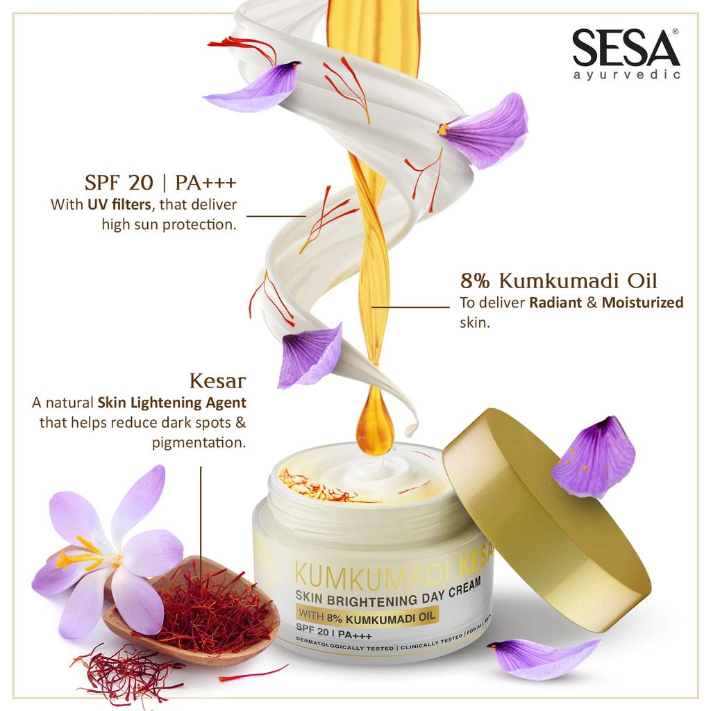 Sesa Kumkumadi Kesar Day Cream 50g With SPF 20 PA++ Ayurvedic Skin Brightening Moisturizer For Daily Sun Protection And Radiant Glow
