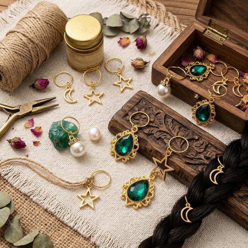 Bohemian Style Green-Gem Pearl Hair Ring with Moon Star Pendant for Women Retro Sweet Wreath Headwear