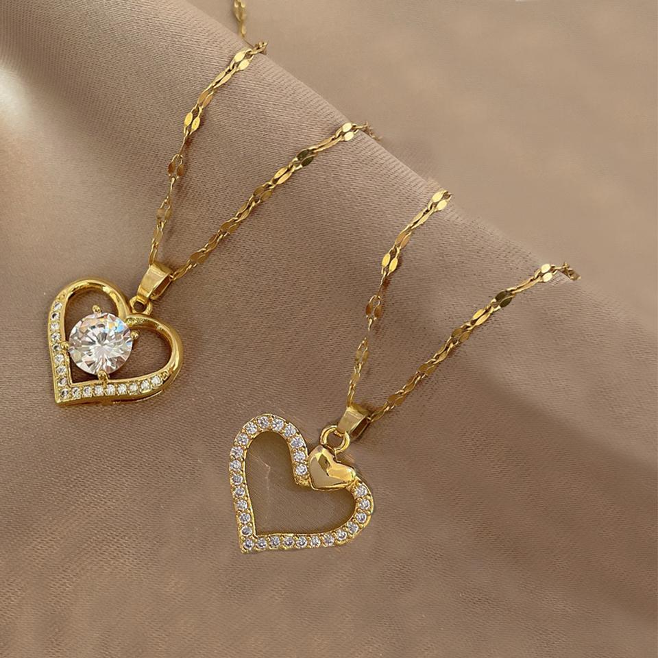 ZAKOL 2 Pieces Hot Sale Titanium Steel Zircon Inlaid Heart Pendant Necklace Exquisite Couple Necklace Fashion Zircon Gift