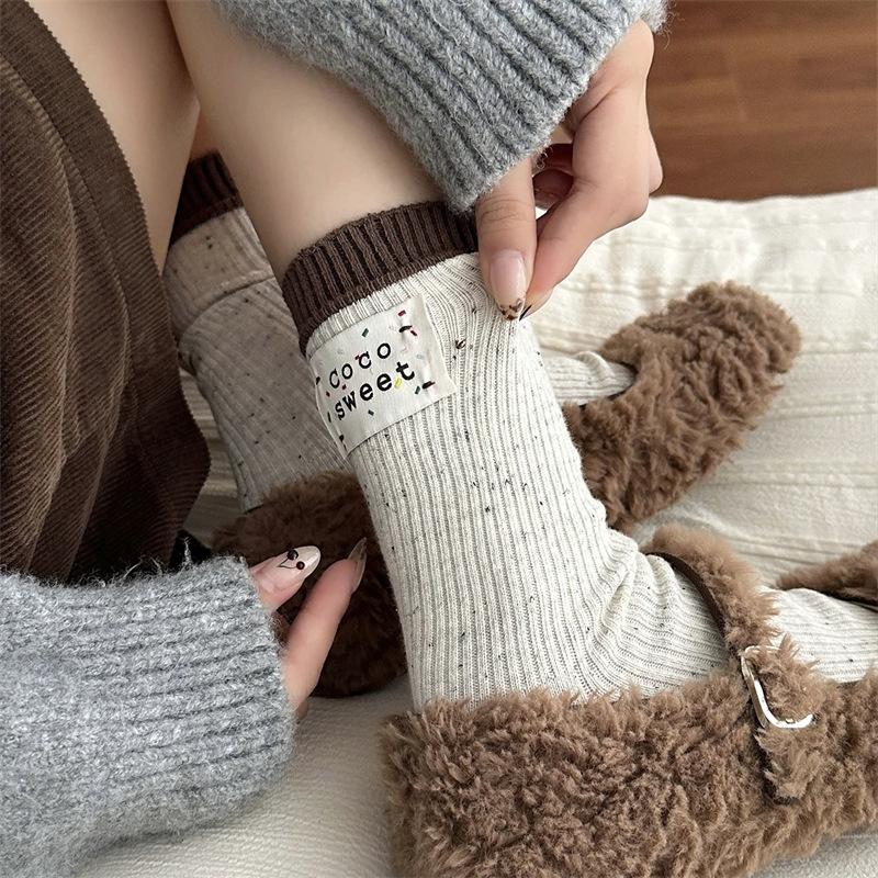 European Color-Blocked Heel Cloth Label Socks, Women'S Idea Yarn, Coarse Needle Socks, Personality Trendy Socks, Pile Socks