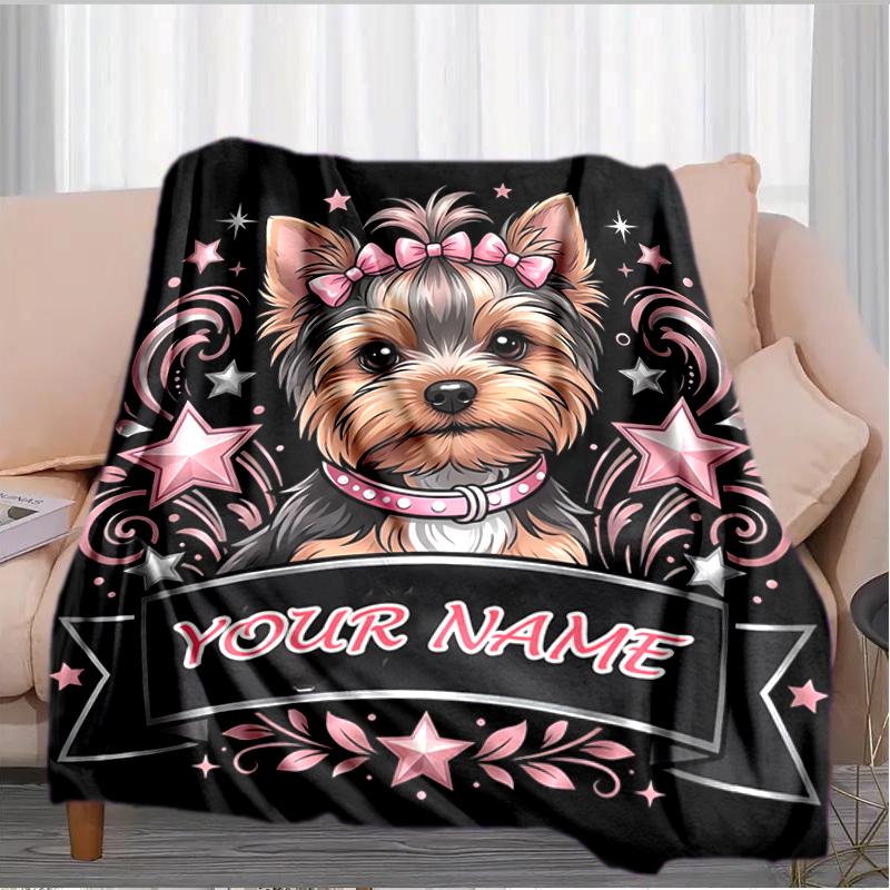 1PC Custom Name Yorkie Star flannel blanket versatile,all-season throw suitable for the living room,bedroom,camping,travel,and gift