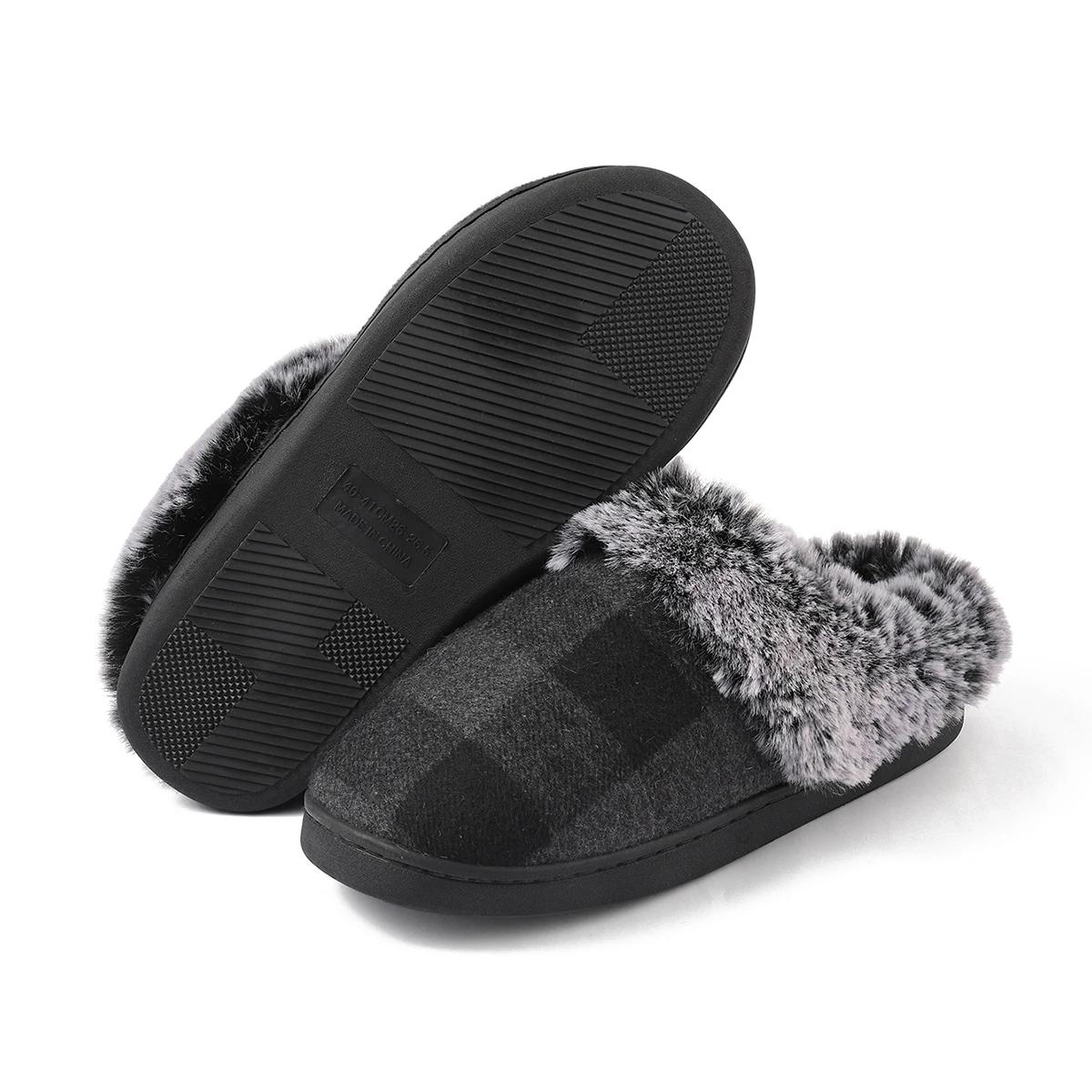 

Fashion Plaid Warm Cotton Slippers Women Plush Non Slip Winter Home Shoes Woman Lightweight Soft Sole Unisex Faux Fur Indoor Slippers 44-45