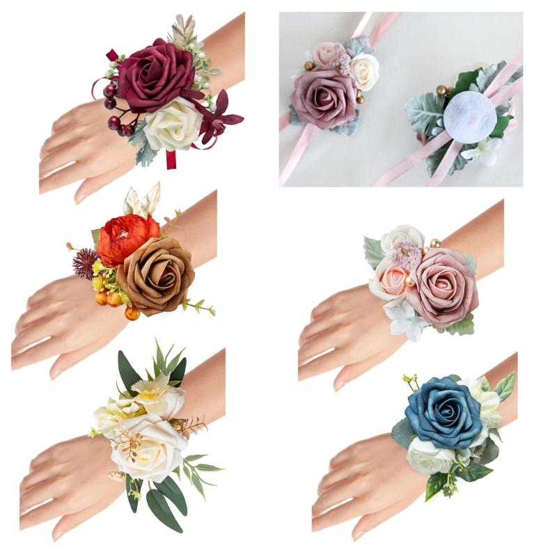 Elegant Wrist Flower For Bride Bridesmaid Fabric Artificial Rose Wrist Corsage Wedding Accessory Formal Event Decoration