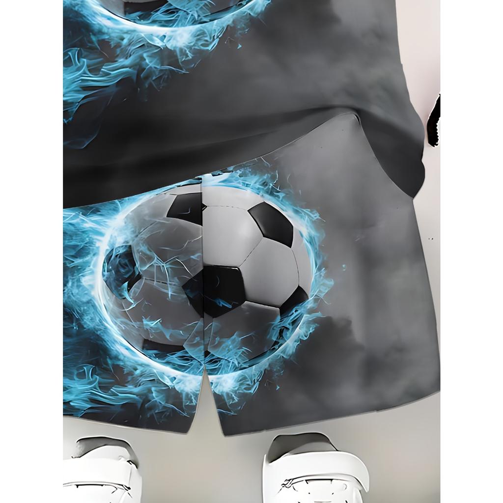 Boys' 3D Soccer Ball Print Casual Outfit - Short Sleeve T-Shirt & Shorts Set, Lightweight Polyester, Black & Blue Design