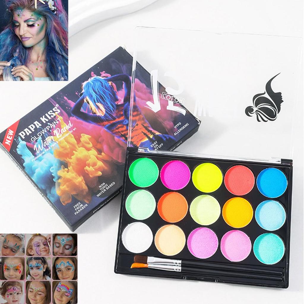 Face Paint Body Easy to Cosplay Fluorescent 15-Color Set, Paint, Safe, Non-Toxic, Wash, Quick-Drying, Eco-Friendly, Makeup, Eyeshadow, Eyeliner,