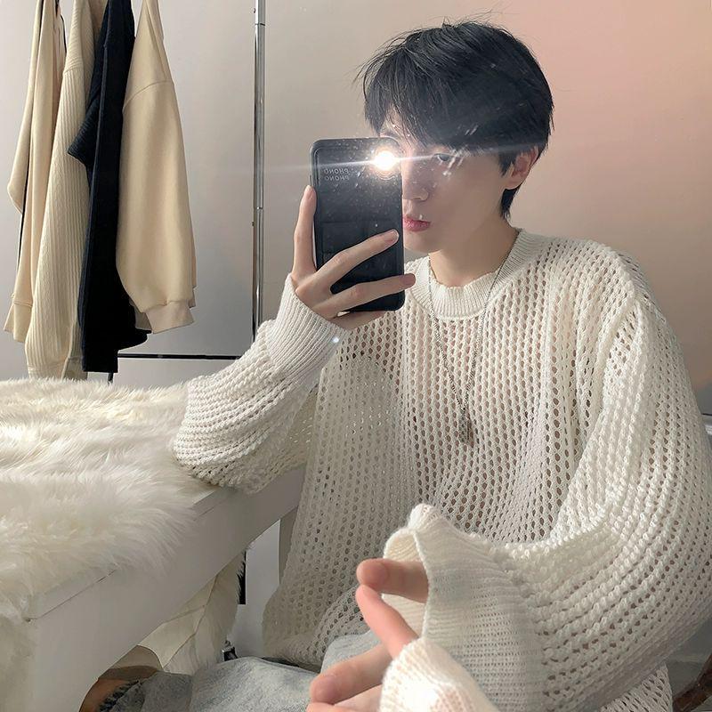 Men's 2023 Autumn Trendy White Hollow-Out Ripped Loose Knit Sweater, Korean Style.