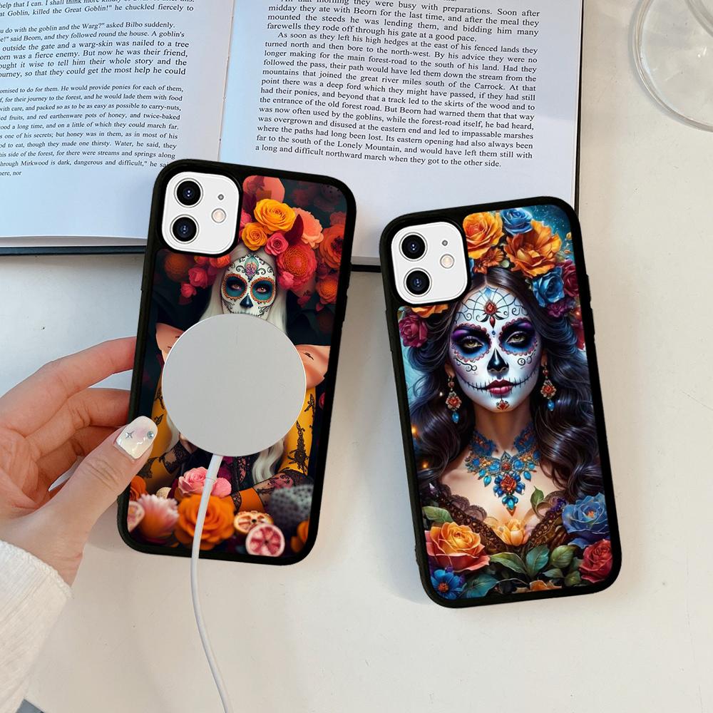 Catrina Beautiful Rose Girl Skull Phone Magnetic Case For IPhone 16 14 13 12 11 15 ProMax Plus For Magsafe Wireless Charge Cover