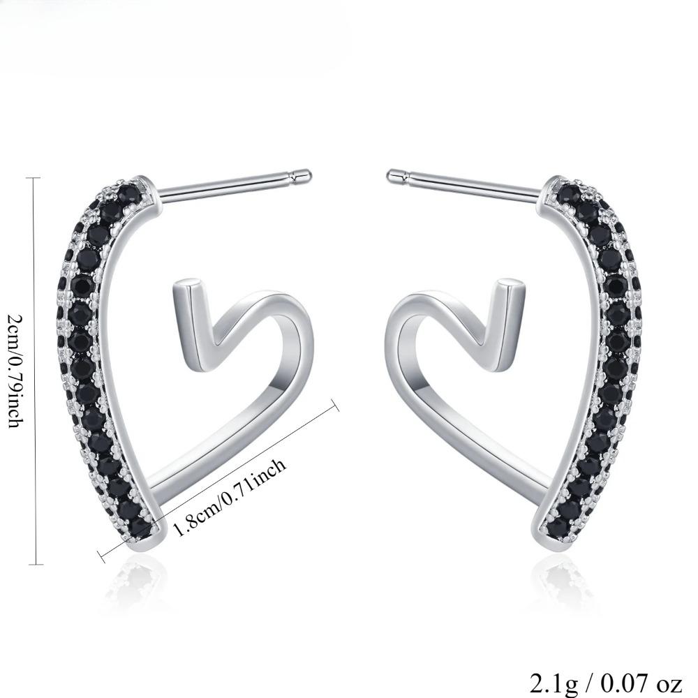 Heart Hoop Earrings with Black Zirconia Accents, Minimalist Ear Stud Design, Hypoallergenic Jewelry for Women