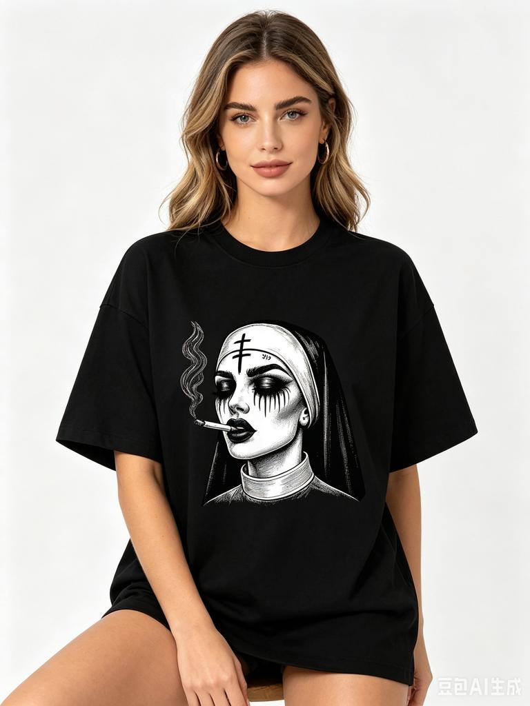 Baumwolle Gotisch Rauchende Nonne Kreuz Grafik Damen T-Shirt Dunkel Grunge Vintage Punk Druck Rundhals Locker Kurzarm Streetwear
