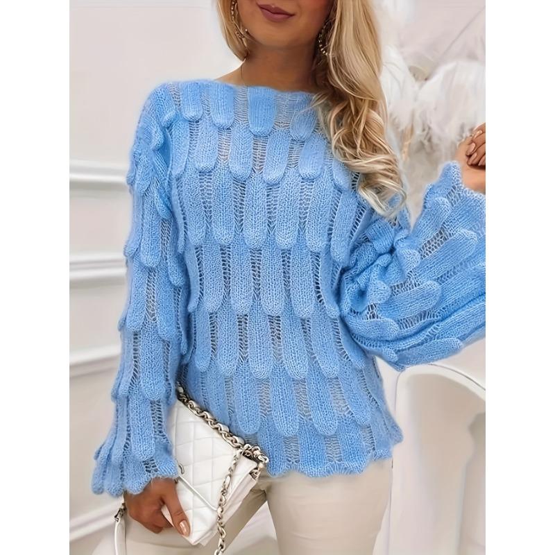 Solid Cut Out Knitted Pullover Sweater, Elegant Flared Sleeve Sweater, Women's Clothing