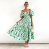 Women's Summer Strapless Print Pleated Dress Short Sleeve Ankle Length Fashion