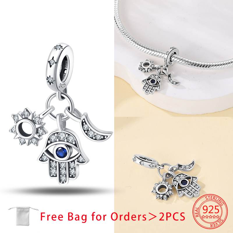 Charm Bead Components Shiny Zircon Blue Devil's Eye and Fatisha's Hand Bead Components Copper Metal Pendant Bead Component Compatible With Do It