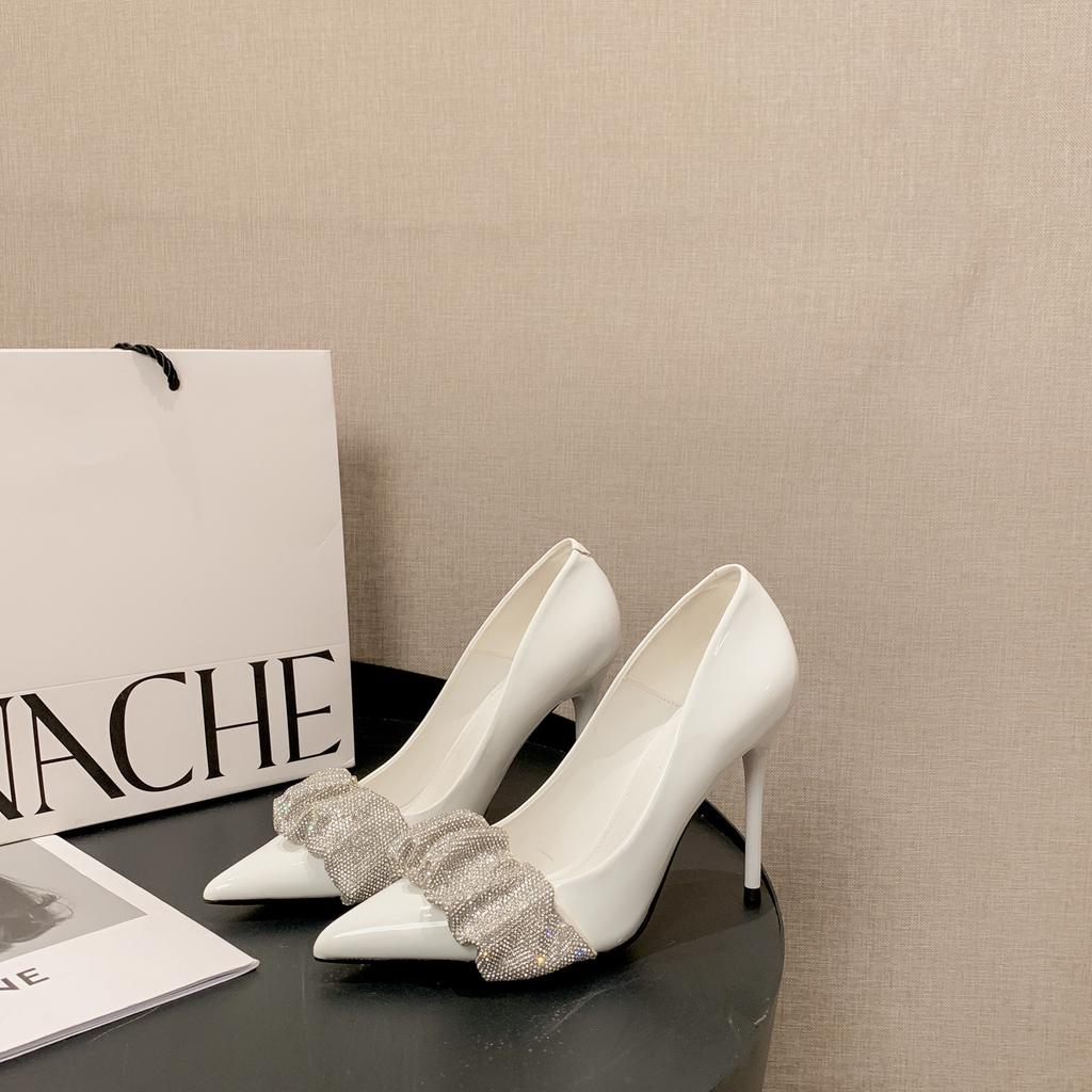 New pointed thin heel rhinestone sexy shallow mouth female king single shoes women's black suede high heels
