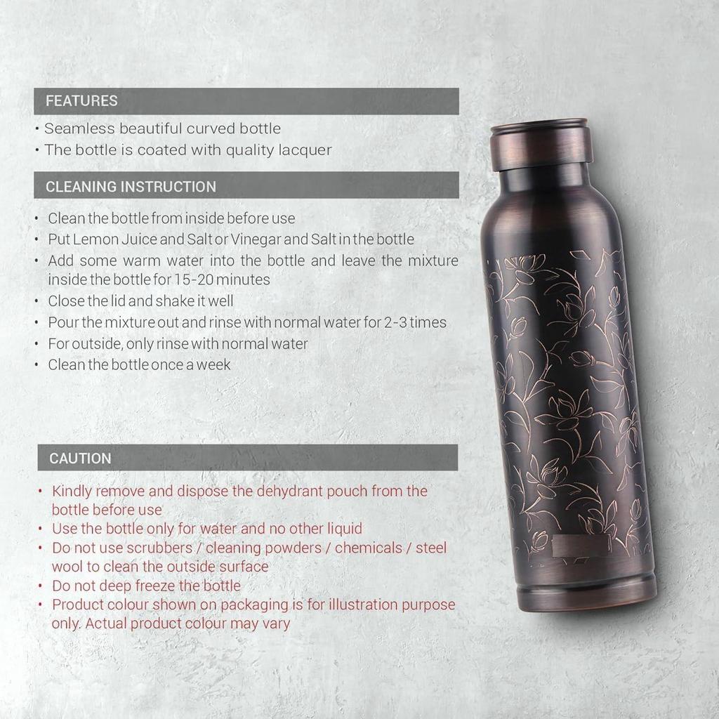 Koppar Swasth Vattenflaska, 940 ml, Svart Lotus | Lackbeläggning, Böjd flaska | Diwali | Festlig | Gåva | Yoga | Hem | Kök | Vedisk