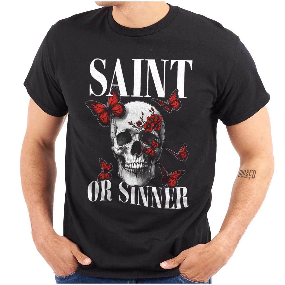 Cool Butterfly Skull Saint or Sinner Flowers Womens or Mens Crewneck T Shirt Tee S