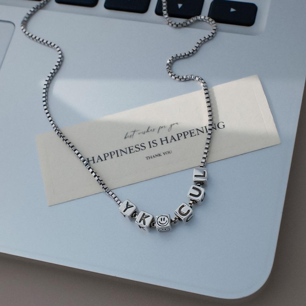 Smiley English Luck Square Necklace Female Simple Retro Hip-Hop Temperament Literary Collarbone Chain