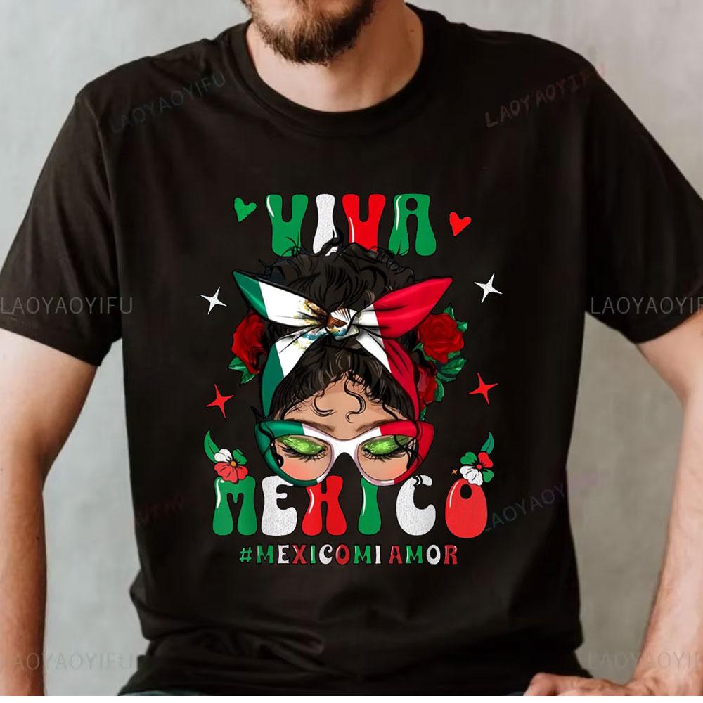 Viva Mexico Messy Bun High Quality TShirt Mexican Girl Hair Flag Graphic Women Clothes Mexico Pride Shirt ONeck ShortSleeve