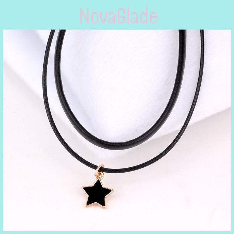 Fashion Collar With Star Pendant And Double Layer Black Leather Cord For Women