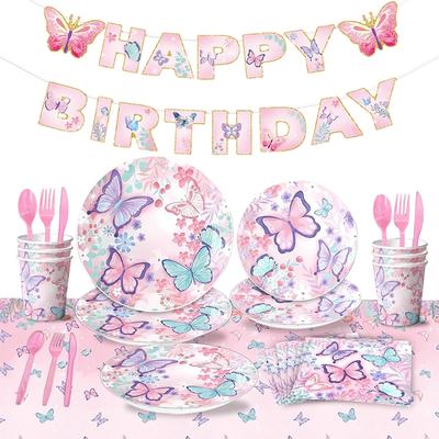 Pink Butterfly Disposable Tableware Paper Plates Cups Fairy Girl Birthday Party Decor Baby Shower Baptism Gender Reveal Supplies