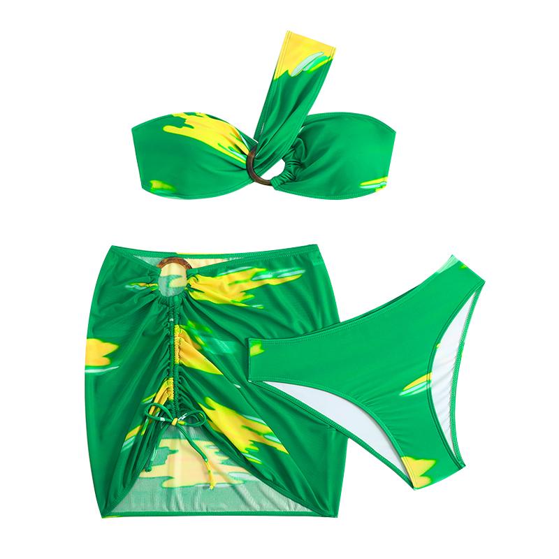 New Sexy Dyed Print One Shoulder Women's Swimsuit Three Piece Bikini Set Single Shoulder Backless Beachwear
