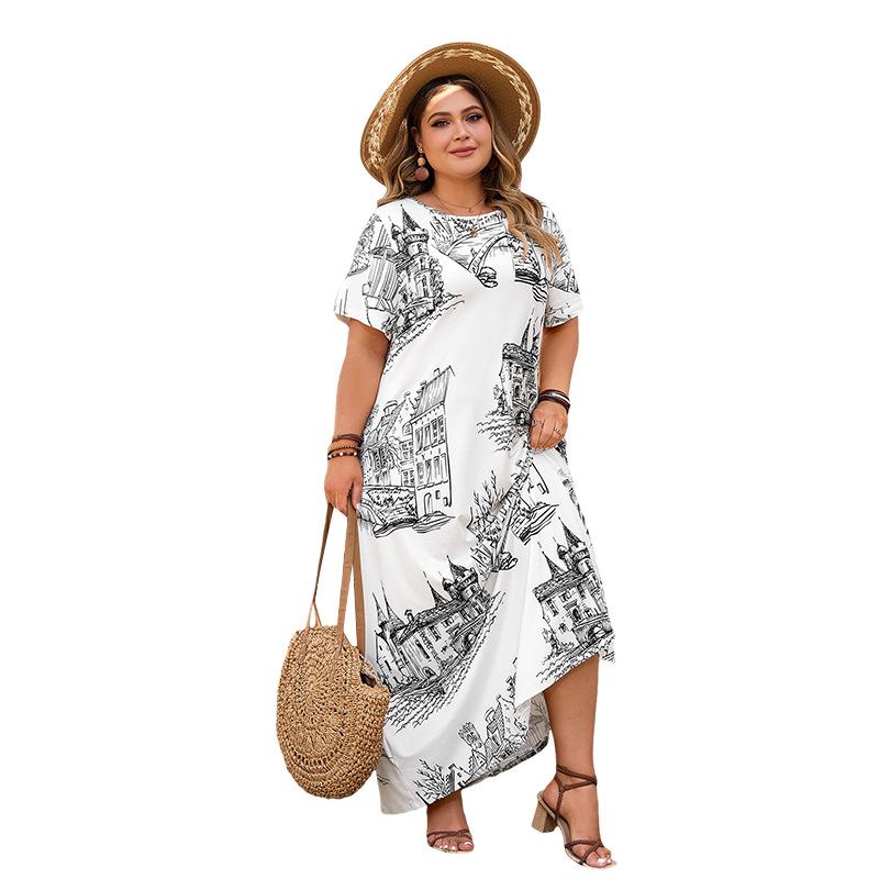 Summer Women's Plus Size Dress Loose Printed Long Dresses Short Sleeve Dresses