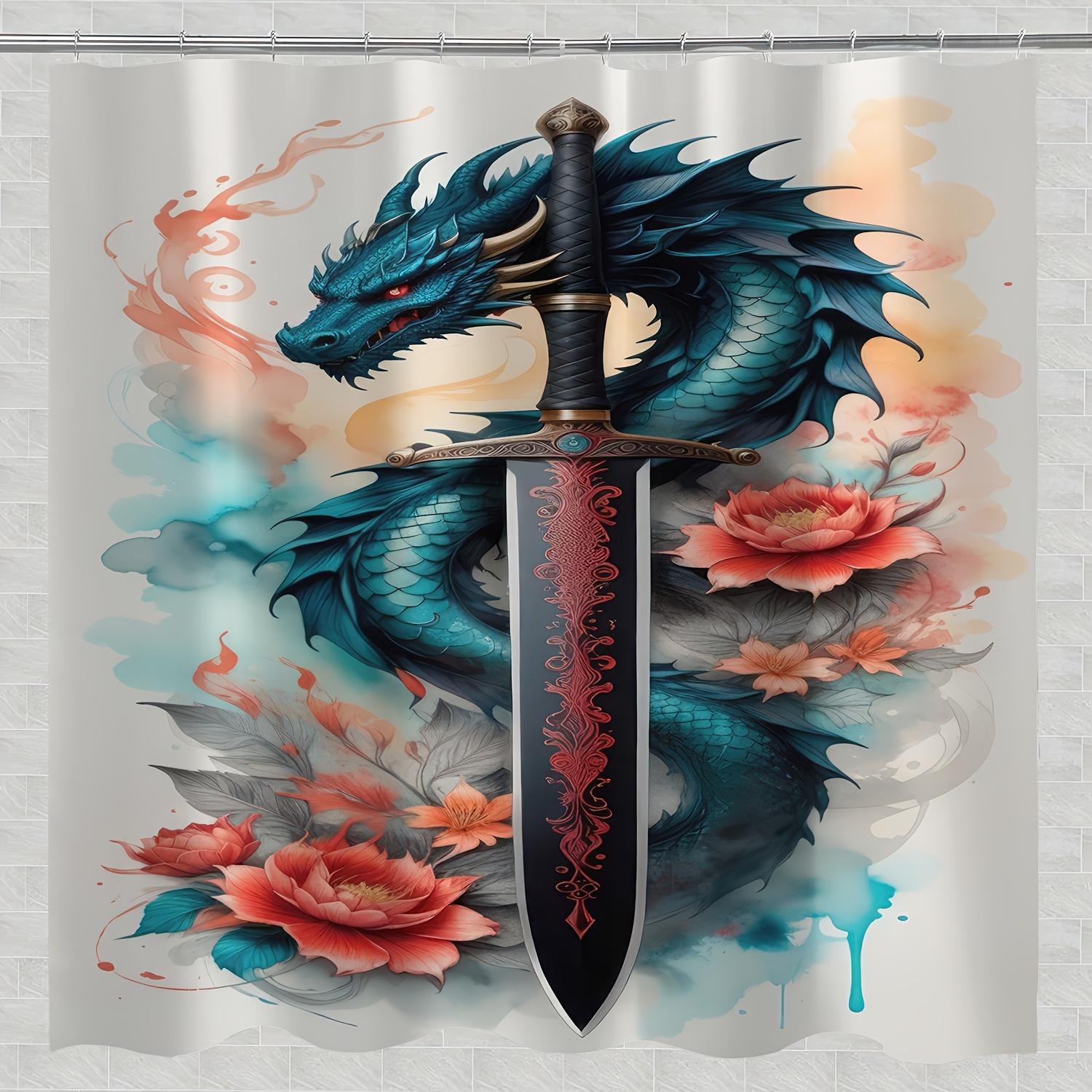 

Стильная шторка для душа с принтом «Дракон и меч», Яркий цветочный дизайн, Полиэстер, Машинная стирка, Легкая установка, Декор для ванной W90xH180cm
