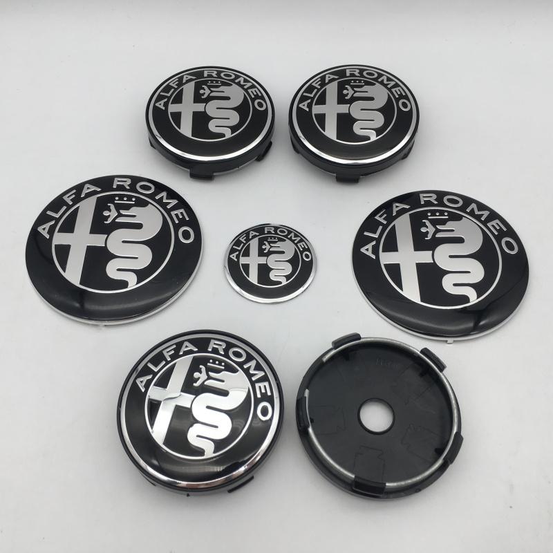 KUBEL1 7pcs forAlfa Romeo Car Emblem Wheel Cover Caps Front Hood Badge Rear Trunk Steering Sticker Styling 2x74mm 4x60mm Cap 1x40mm