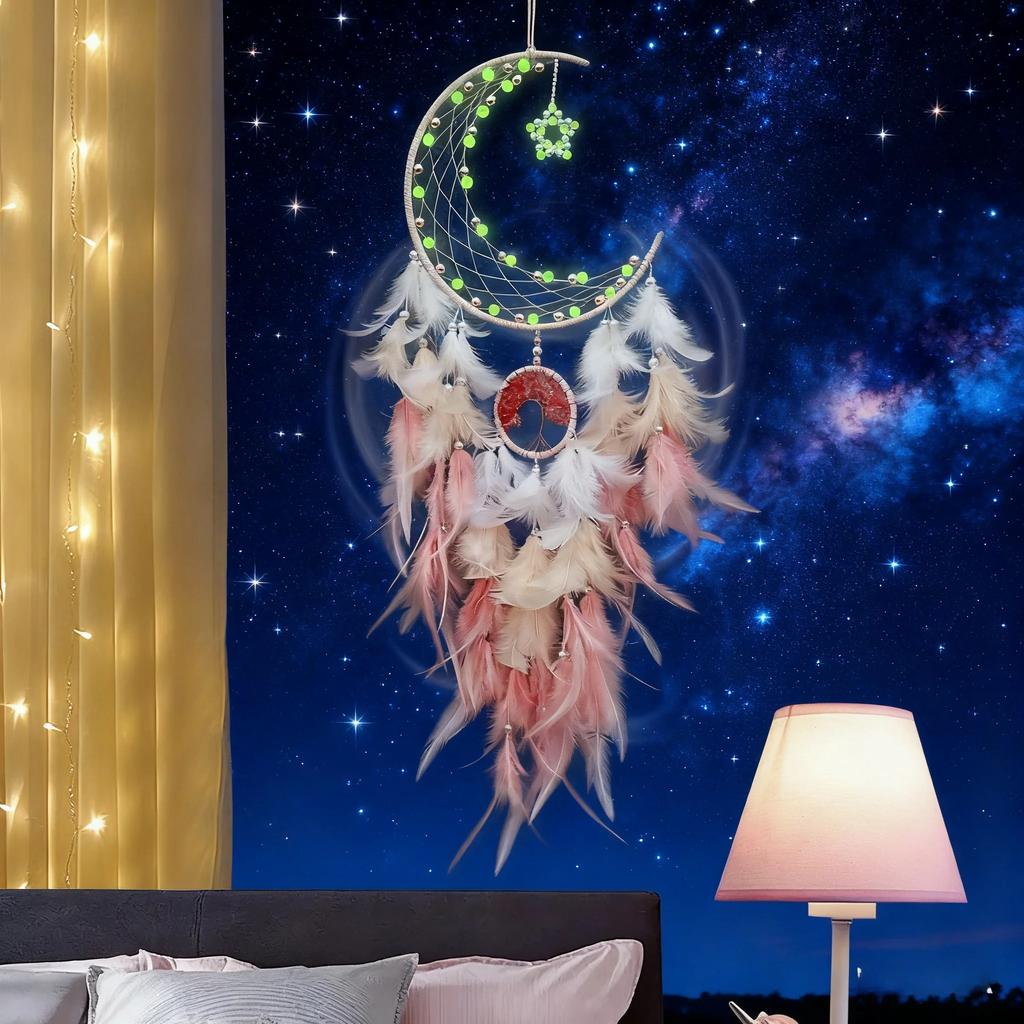1Pc Moon Dream Catcher Handmade for Bedroom Feather Dream Catchers for Home Decoration Ornaments for Bedroom Wall Hanging