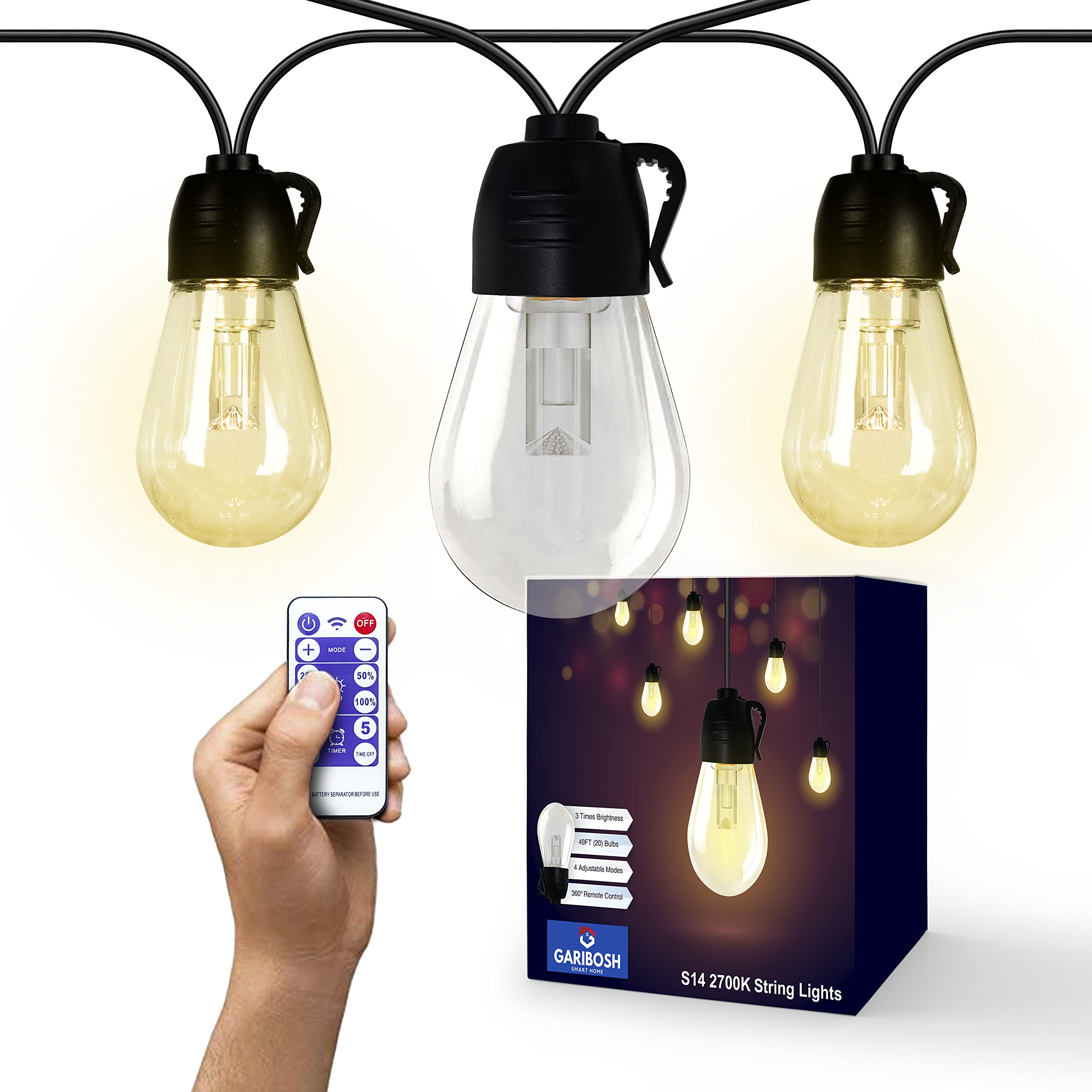 

50ft 20 Bulbs Solar Outdoor Lights S14 Fairy String Light Christmas Garland Waterproof Edison LED Light Patio Garden Party Decor Warm White