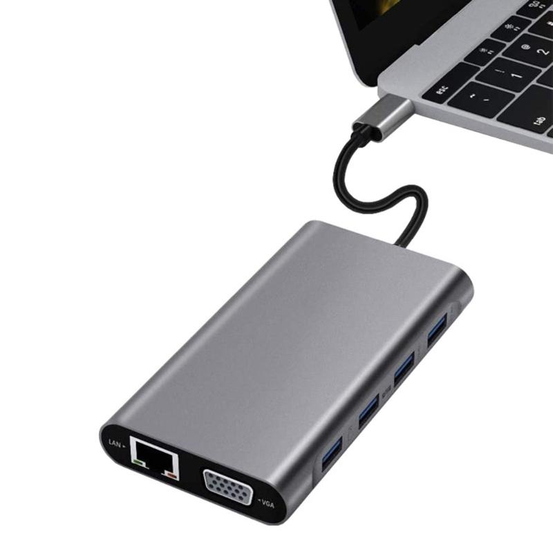 USB C to HDTV Adapter 11 Port Expansion Dock With RJ45 Gigabit Ethernet 3.5mm USB3.0 Data Transfer Memory Card Reader 87W