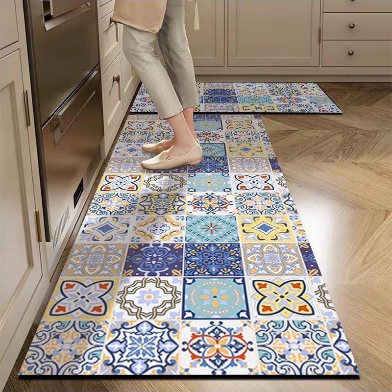 Carpet for Kitchen Pvc Leather Non-slip Floor Mat Long Strip Waterproof Oil-proof Mats Retro Colorful Plaid Style Decorative Rug