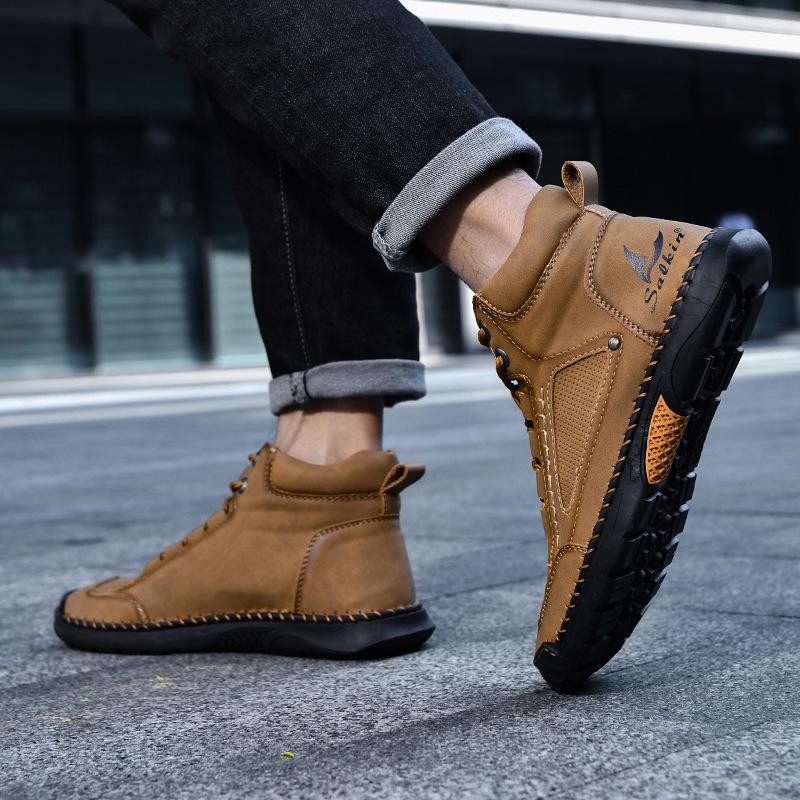 New Style Plus Size Men's Hand-Stitched Leather Martin Boots - Short, Lace-Up, Casual Footwear