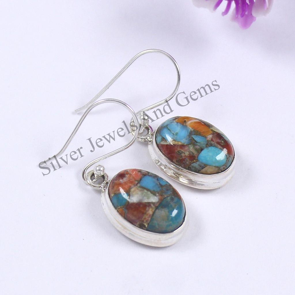 Oyster Turquoise 925 Sterling Silver Earrings, Handmade Oval Gemstone