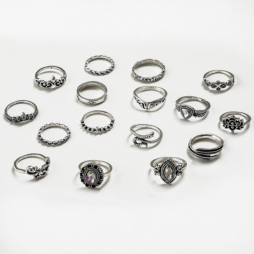 Europe and The United States New Ring Retro Exaggerated Hollow Carved Snake-shaped Feather Gem 16-piece Combination Ring Foreign Trade