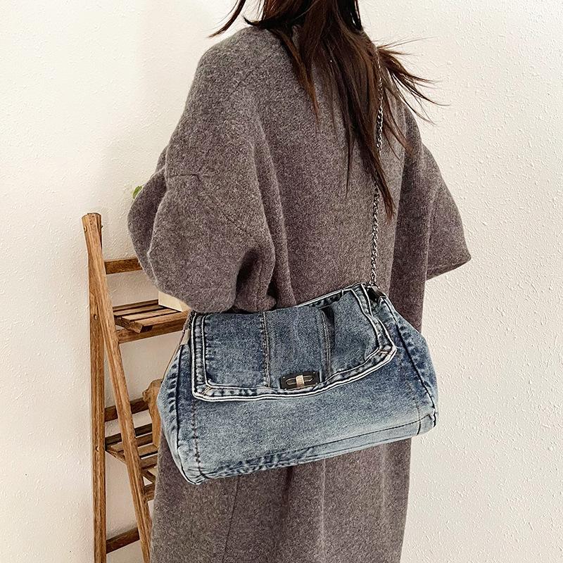 Niche denim tote bag new casual trend fashion chain oblique span shoulder bag simple versatile bag women